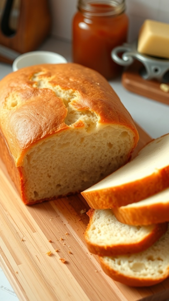 Homemade Sandwich Bread Recipe Freshly baked homemade sandwich bread loaf on a cutting board with slices, set in a cozy kitchen.